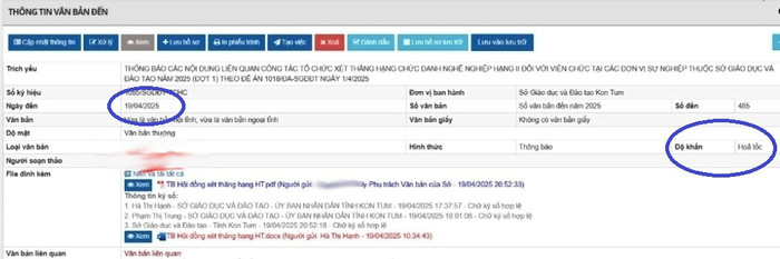 Tuy nhiên, văn bản gửi đến các đơn vị có mốc vào ngày 19/4 dù có ghi độ khẩn là "hỏa tốc". Ảnh: Giáo viên cung cấp Kon Tum 1.jpg