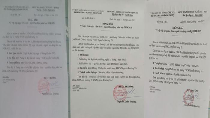 Liên quan đến việc tổ chức hội nghị viên chức - người lao động tại Trường Trung học cơ sở Nguyễn Trường Tộ, đã có nhiều thông báo mời họp được phát đi nhưng hiện tại nhà trường vẫn chưa hoàn thành xong hội nghị. Ảnh: Giáo viên cung cấp GDVN_THCS Nguyen truong to.png