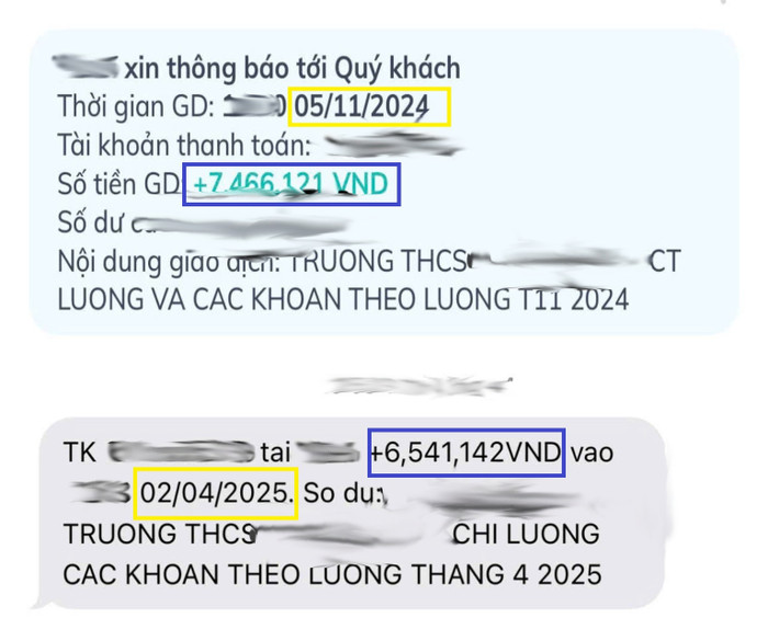 Lương của một giáo viên hợp đồng tại thành phố Phan Thiết nhận được qua tài khoản cho thấy, mức lương của 1 tháng năm 2025 bị sụt giảm so với năm 2024. Ảnh: Độc giả cung cấp tp phan thiết (1).jpg