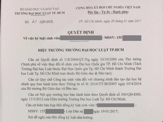 Quyết định kỷ luật sinh viên NTNA. của Trường Đại học Luật TP.HCM. Ảnh: plo.vn Quyết định kỷ luật sinh viên NTNA. của Trường Đại học Luật TP.HCM. Ảnh: plo.vn