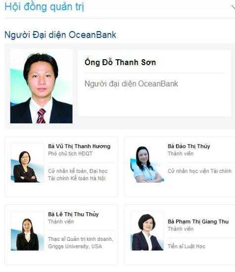 Hội đồng quản trị mới của Ocean Bank trên website của Ngân hàng (Nguồn ảnh oceanbank) Hội đồng quản trị mới của Ocean Bank trên website của Ngân hàng (Nguồn ảnh oceanbank)