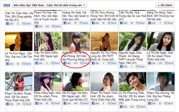 Nguyễn Thị Hà Thu đang dẫn đầu với số like ấn tượng. Nguyễn Thị Hà Thu đang dẫn đầu với số like ấn tượng.