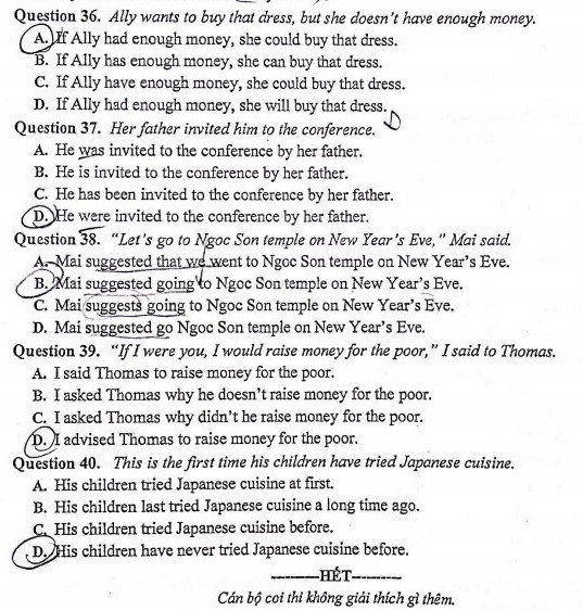 Đề thi môn Tiếng Anh mã đề 016