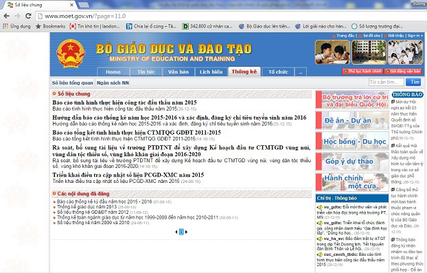 Ảnh chụp màn hình mục Thống kê trên trang web Bộ GD&ĐT ngày 12/1/2016 Ảnh chụp màn hình mục Thống kê trên trang web Bộ GD&ĐT ngày 12/1/2016