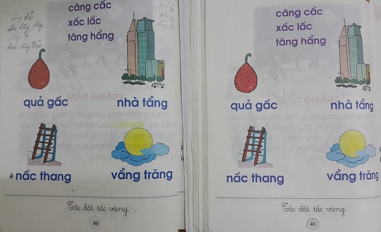 Hình ảnh chụp từ sách Tiếng Việt lớp 1 công nghệ giáo dục của giáo sư Hồ Ngọc Đại xuất bản năm 2014 với bản năm 2015 (Ảnh: Trần Hương Giang) Hình ảnh chụp từ sách Tiếng Việt lớp 1 công nghệ giáo dục của giáo sư Hồ Ngọc Đại xuất bản năm 2014 với bản năm 2015 (Ảnh: Trần Hương Giang)
