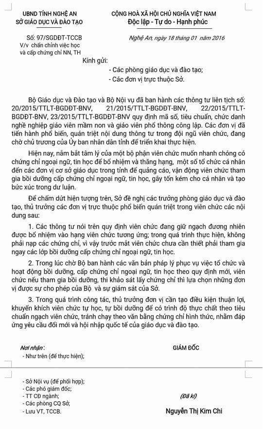 Nghệ An chưa yêu cầu giáo viên phải có chứng chỉ Ngoại ngữ, Tin học