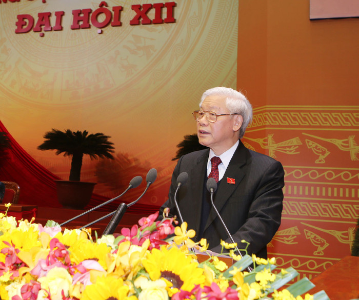 Tổng Bí thư Nguyễn Phúc Trọng tại buổi bế mạc Đại hội 12 của Đảng. Ảnh TTXVN