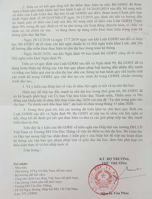 Văn bản phúc đáp của Bộ Giáo dục và Đào tạo (ảnh tư liệu)