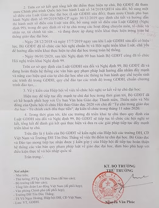 Văn bản phúc đáp của Bộ Giáo dục và Đào tạo (ảnh tư liệu)