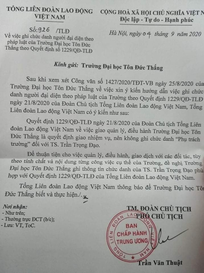 Chỉ đạo của Tổng Liên đoàn Lao động Viêt Nam về việc ghi chức danh người đại diện pháp luật trường Đại học Tôn Đức Thắng (ảnh: T.L)