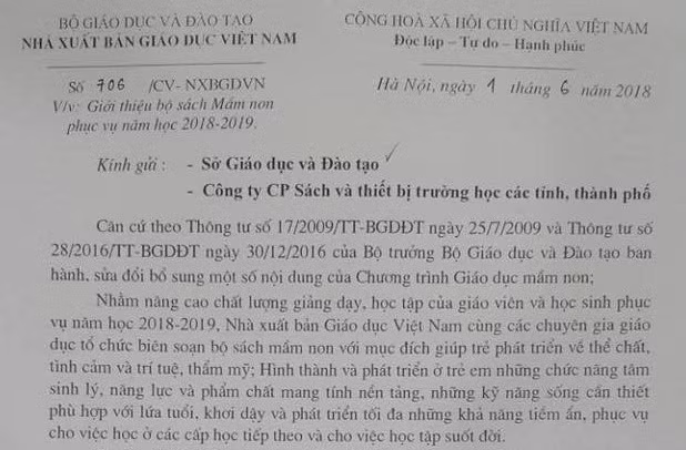 Đây là văn bản Nhà xuất bản Giáo dục Việt Nam (Bộ Giáo dục và Đào tạo) gửi tới các Sở Giáo dục và Đào tạo, Công ty cổ phần sách và thiết bị trường học các tỉnh, thành phố về việc giới thiệu bộ sách mầm non phục vụ năm học 2018-2019. (Ảnh chụp màn hình)