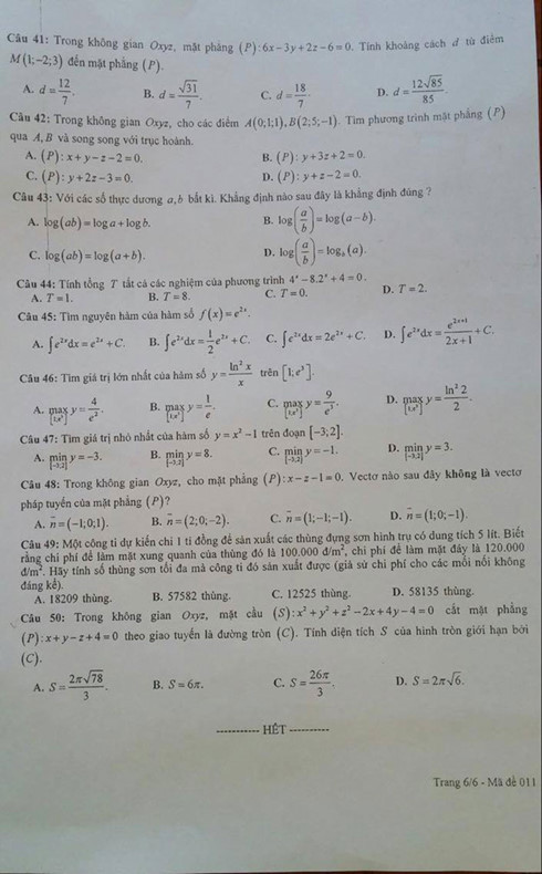 Đề Toán thi thử quốc gia năm 2017 tại Hà Nội (Ảnh: vov.vn)