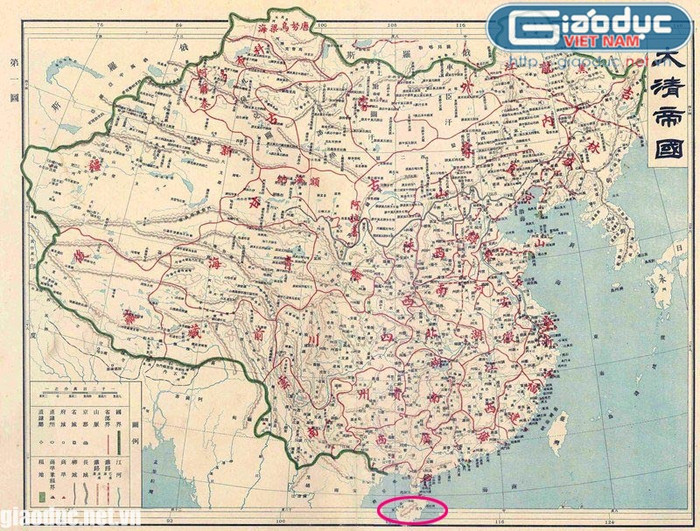 Bản đồ “Đại Thanh đế quốc” trong sách “Đại Thanh đế quốc toàn đồ”, năm 1908 (tức Tuyên Thống nguyên niên, Thượng Hải Thương vụ ấn thư quán phát hành.
