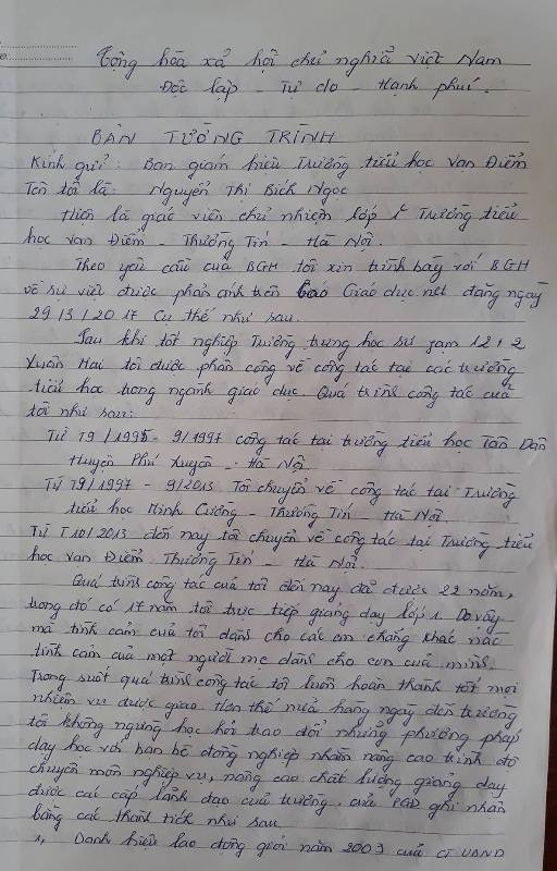 Bản tường trình của cô Nguyễn Thị Bích Ngọc khẳng định không có việc trù dập, cô lập học sinh. Ảnh Trần Việt. Bản tường trình của cô Nguyễn Thị Bích Ngọc khẳng định không có việc trù dập, cô lập học sinh. Ảnh Trần Việt.