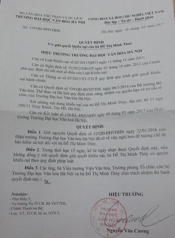 Việc từ chối kéo dài thời gian giảng dạy đối với bà Đỗ Thị Minh Thúy được Bộ Văn hóa, Thể thao và Du lịch cho rằng do trước đó đã ra hạn thêm 01 năm và nhu cầu của Trường Đại học Văn hóa Hà Nội không cần nữa. Ảnh MT. Việc từ chối kéo dài thời gian giảng dạy đối với bà Đỗ Thị Minh Thúy được Bộ Văn hóa, Thể thao và Du lịch cho rằng do trước đó đã ra hạn thêm 01 năm và nhu cầu của Trường Đại học Văn hóa Hà Nội không cần nữa. Ảnh MT.