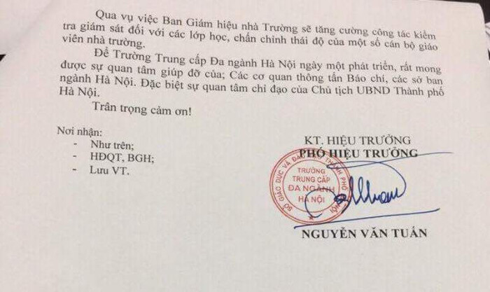 Văn bản giải trình của Trường Trung cấp Đa ngành Hà Nội gửi Báo điện tử Giáo dục Việt Nam. Ảnh Lê Hồ Văn bản giải trình của Trường Trung cấp Đa ngành Hà Nội gửi Báo điện tử Giáo dục Việt Nam. Ảnh Lê Hồ