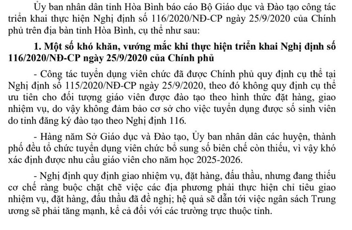 Một trong những nội dung được nêu tại văn bản số 2414 của Ủy ban nhân dân tỉnh Hòa Bình gửi Bộ Giáo dục và Đào tạo (ảnh tư liệu) Một trong những nội dung được nêu tại văn bản số 2414 của Ủy ban nhân dân tỉnh Hòa Bình gửi Bộ Giáo dục và Đào tạo (ảnh tư liệu)