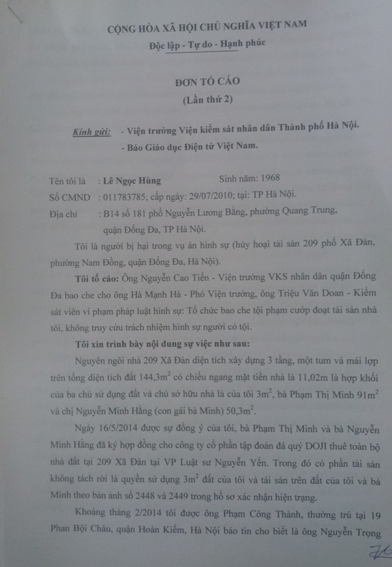 Đơn tố cáo của ông Lê Ngọc Hùng (lần 2) gửi Viện trưởng Viện Kiểm sát nhân dân thành phố Hà Nội và Báo điện tử Giáo dục Việt Nam. Ảnh Bảo Nam,