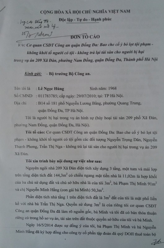 Đơn tố cáo của ông Lê Ngọc Hùng được Bộ trưởng Bộ công an phê gửi công an quận Đống Đa xem xét giải quyết. Ảnh Bảo Nam. Đơn tố cáo của ông Lê Ngọc Hùng được Bộ trưởng Bộ công an phê gửi công an quận Đống Đa xem xét giải quyết. Ảnh Bảo Nam.
