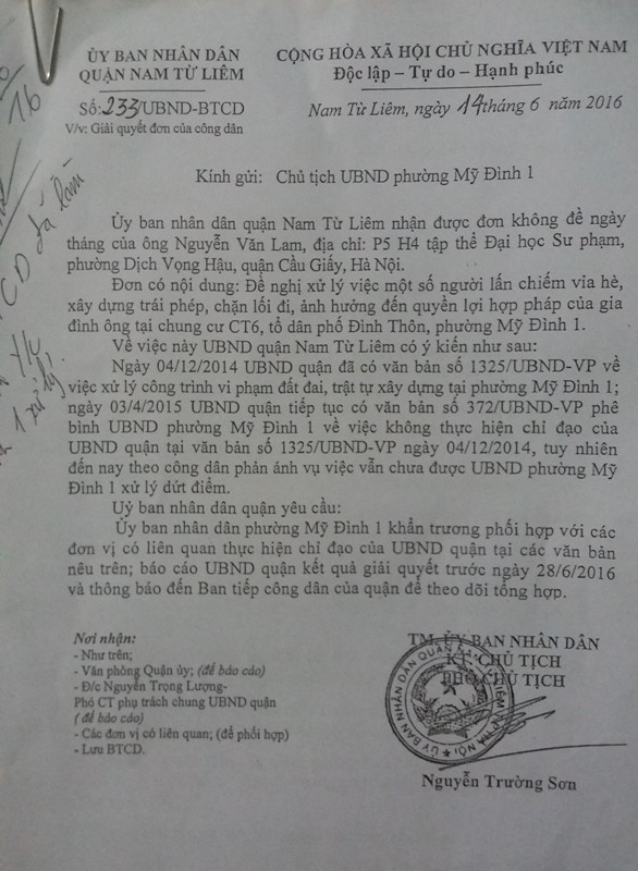 Văn bản yêu cầu phường Mỹ Đình 1 xử lý và báo cáo quận nhưng đến nay đã hơn 1 tháng trôi qua chính quyền phường vẫn "án binh bất động". Văn bản yêu cầu phường Mỹ Đình 1 xử lý và báo cáo quận nhưng đến nay đã hơn 1 tháng trôi qua chính quyền phường vẫn "án binh bất động".