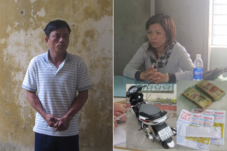 Vợ chồng Ánh - Nhật tại cơ quan công an cùng tang vật vụ án