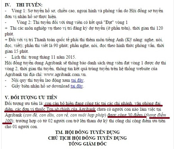 Bản thông báo tuyển dụng Agribank với những ưu tiên dành cho con em cán bộ trong ngân hàng gây bức xúc - ảnh chụp màn hình. Bản thông báo tuyển dụng Agribank với những ưu tiên dành cho con em cán bộ trong ngân hàng gây bức xúc - ảnh chụp màn hình.