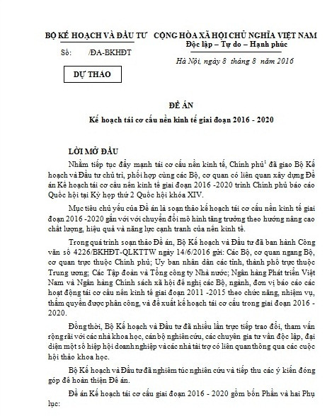 Thủ tướng Chính phủ phân công Bộ Kế hoạch và Đầu tư xây dựng “Kế hoạch tái cơ cấu kinh tế giai đoạn 2016 – 2020”. Thủ tướng Chính phủ phân công Bộ Kế hoạch và Đầu tư xây dựng “Kế hoạch tái cơ cấu kinh tế giai đoạn 2016 – 2020”.