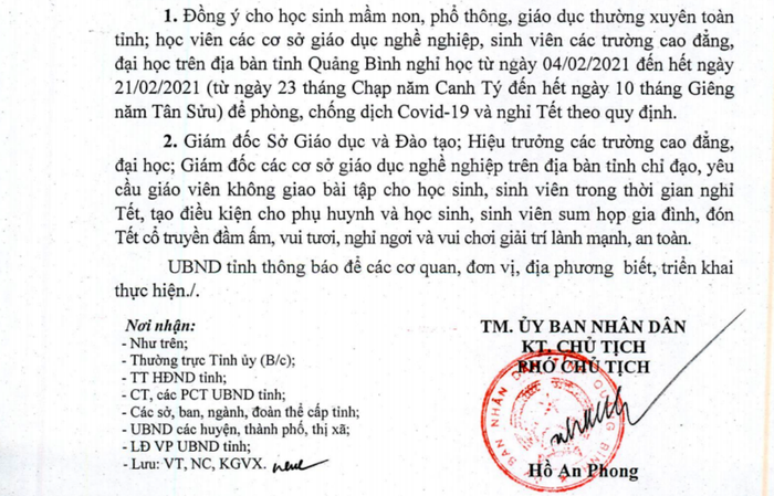 Công văn của Ủy ban nhân dân tỉnh Quảng Bình yêu cầu không giao bài tập về nhà cho học sinh trong kỳ nghỉ Tết. Ảnh: NP Công văn của Ủy ban nhân dân tỉnh Quảng Bình yêu cầu không giao bài tập về nhà cho học sinh trong kỳ nghỉ Tết. Ảnh: NP
