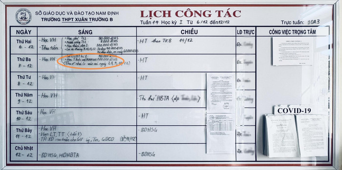 Trên bảng phân công công tác của các giáo viên trong trường ghi rõ nhiệm vụ của giáo viên là thu tiền "học tiếng Anh với người nước ngoài 100.000 đồng/ học sinh"(mục trong ô khoanh tròn). Ảnh: Phụ huynh cung cấp Trên bảng phân công công tác của các giáo viên trong trường ghi rõ nhiệm vụ của giáo viên là thu tiền "học tiếng Anh với người nước ngoài 100.000 đồng/ học sinh"(mục trong ô khoanh tròn). Ảnh: Phụ huynh cung cấp