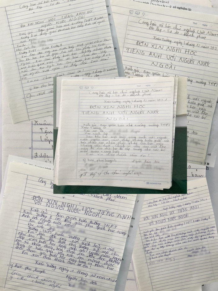 Đơn "Xin nghỉ học tiếng Anh với người nước ngoài" của học sinh có xác nhận của phụ huynh gửi cho nhà trường. Ảnh: Phụ huynh cung cấp Đơn "Xin nghỉ học tiếng Anh với người nước ngoài" của học sinh có xác nhận của phụ huynh gửi cho nhà trường. Ảnh: Phụ huynh cung cấp