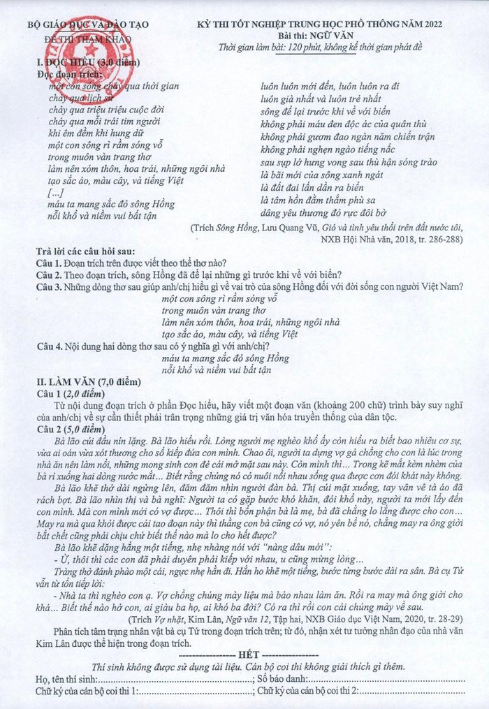 Đề thi tham khảo môn Ngữ văn