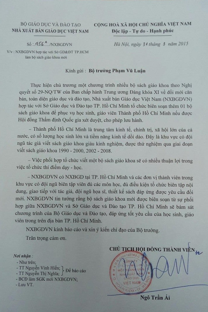 Ông Ngô Trần Ái là người ký văn bản gửi Bộ trưởng Phạm Vũ Luận để đề xuất hợp tác giữa nhà xuất bản giáo dục với Sở Giáo dục và Đào tạo thành phố Hồ Chí Minh (ảnh tư liệu). Ông Ngô Trần Ái là người ký văn bản gửi Bộ trưởng Phạm Vũ Luận để đề xuất hợp tác giữa nhà xuất bản giáo dục với Sở Giáo dục và Đào tạo thành phố Hồ Chí Minh (ảnh tư liệu).
