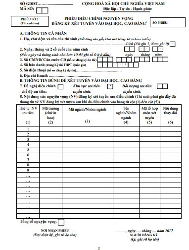 Phiếu điều chỉnh nguyện vọng xét tuyển đại học năm 2017