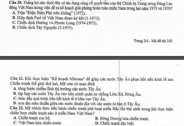 Câu 22 của mã đề 302 môn Lịch sử trong kỳ thi quốc gia (Ảnh chụp màn hình) Câu 22 của mã đề 302 môn Lịch sử trong kỳ thi quốc gia (Ảnh chụp màn hình)
