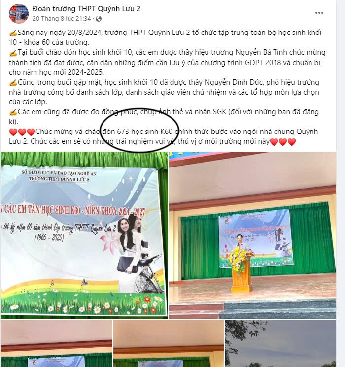 Sau đó, trường này có bài viết đăng tải trên fanpage nêu rõ con số 673 học sinh của khoá K60. Ảnh chụp màn hình chào đón 673 hs ql2.jpg