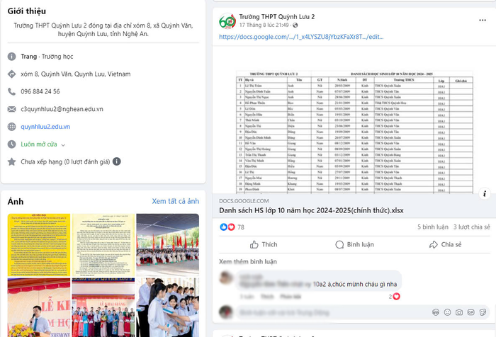 Trường Trung học phổ thông Quỳnh Lưu 2 công bố danh sách lớp 10 (chính thức). Thời điểm công bố là ngày 17/8, lúc này các Trường Trung học phổ thông tại Nghệ An vẫn chưa khai giảng. Ảnh chụp màn hình cong bo danh sách lớp 10 ql2.png