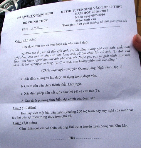 Đề thi môn Ngữ Văn vào lớp 10 tại Quảng Bình Đề thi môn Ngữ Văn vào lớp 10 tại Quảng Bình