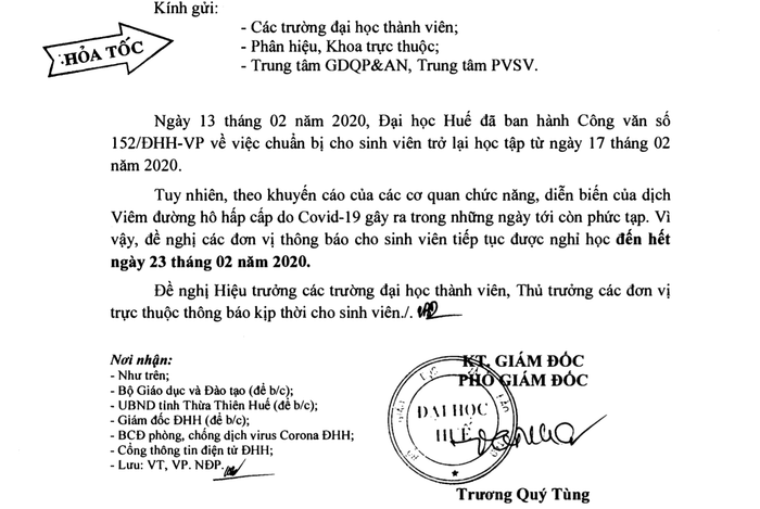 Công văn của Đại học Huế cho học sinh nghỉ học đến hết ngày 23/2. Ảnh: T.Tr Công văn của Đại học Huế cho học sinh nghỉ học đến hết ngày 23/2. Ảnh: T.Tr
