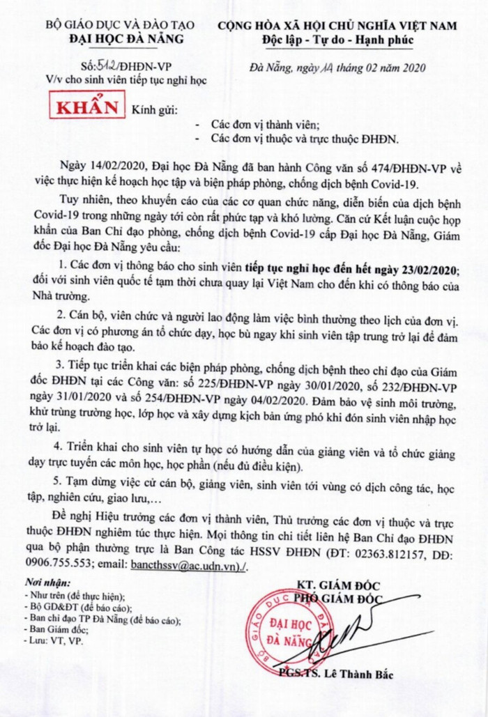 Công văn khẩn của Đại học Đà Nẵng về việc tiếp tục cho sinh viên nghỉ học đến hết ngày 23/2. Ảnh: TT Công văn khẩn của Đại học Đà Nẵng về việc tiếp tục cho sinh viên nghỉ học đến hết ngày 23/2. Ảnh: TT