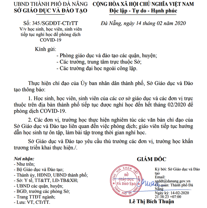 Công văn thông báo của Sở Giáo dục và Đào tạo Đà Nẵng về việc học sinh nghỉ đến hết tháng 2/2020. Ảnh: TT Công văn thông báo của Sở Giáo dục và Đào tạo Đà Nẵng về việc học sinh nghỉ đến hết tháng 2/2020. Ảnh: TT