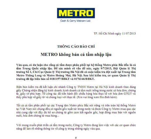 Thông cáo báo chí của Công ty METRO Cash&Carry Việt Nam Thông cáo báo chí của Công ty METRO Cash&Carry Việt Nam