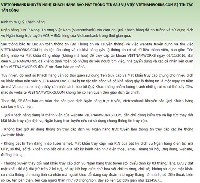 Cảnh báo của Vietcombank. Cảnh báo của Vietcombank.