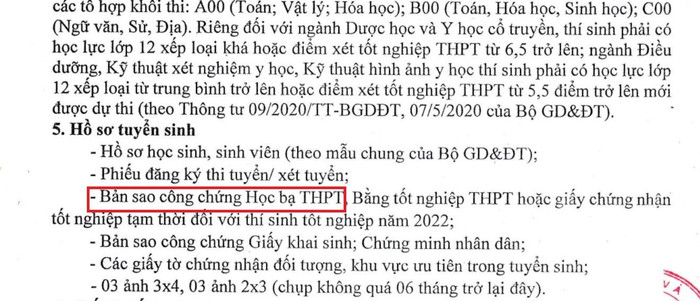 Đây là yêu cầu về hồ sơ tuyển sinh năm 2022 của một trường đại học (ảnh chụp màn hình) Đây là yêu cầu về hồ sơ tuyển sinh năm 2022 của một trường đại học (ảnh chụp màn hình)