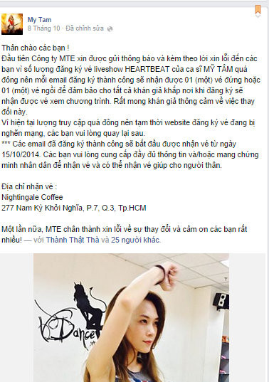 Facebook của Mỹ Tâm thông báo và xin lỗi về sự cố nghẽn mạng. Facebook của Mỹ Tâm thông báo và xin lỗi về sự cố nghẽn mạng.