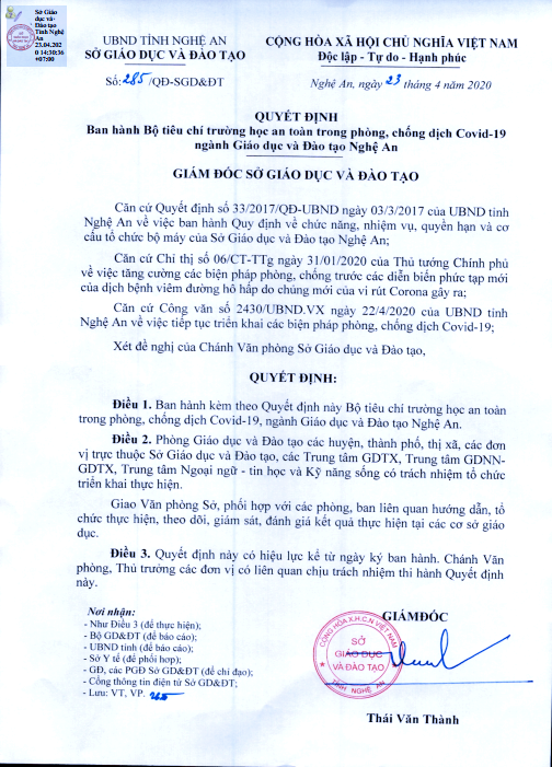 Quyết định về ban hành Bộ tiêu chí “Trường học an toàn trong phòng, chống dịch Covid – 19 ngành Giáo dục và Đào tạo Nghệ An”. Ảnh: Trung Dũng