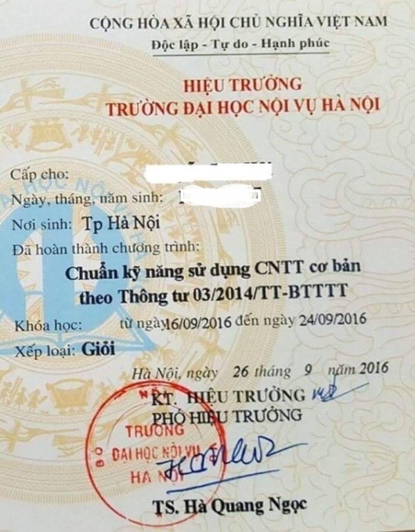 Chứng chỉ CNTT do Trường Đại học Nội vụ cấp không theo quy chuẩn của Bộ GD&amp;ĐT ngay sau khi Thông tư liên bộ số 17/2016/TTLT-BGDĐT-BTTTT có hiệu lực thi hành từ ngày 10/08/2016.