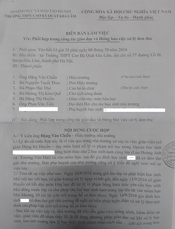 Biên bản làm việc của Trường THPT Cao Bá Quát về việc phối hợp trong công tác giáo dục và thông báo xử lý đơn thư. Ảnh Trần Việt. Biên bản làm việc của Trường THPT Cao Bá Quát về việc phối hợp trong công tác giáo dục và thông báo xử lý đơn thư. Ảnh Trần Việt.