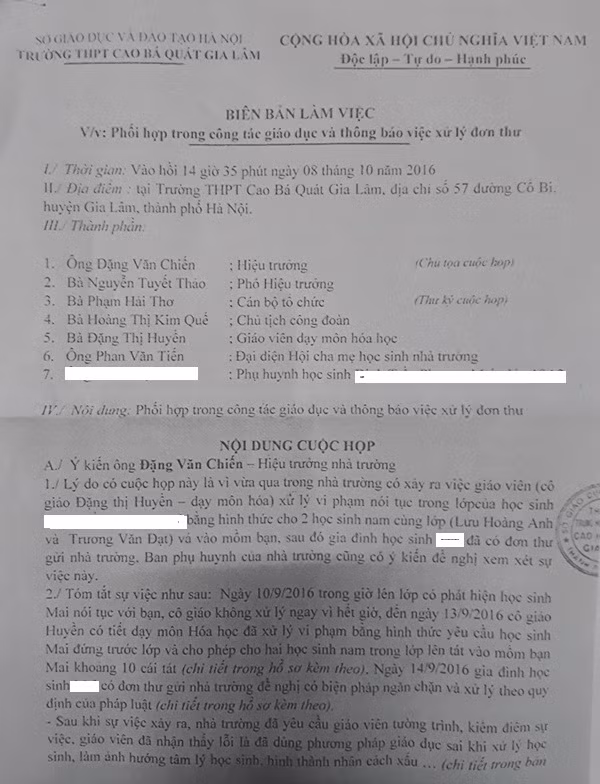 Biên bản làm việc của Trường THPT Cao Bá Quát về việc phối hợp trong công tác giáo dục và thông báo xử lý đơn thư. Ảnh Trần Việt.