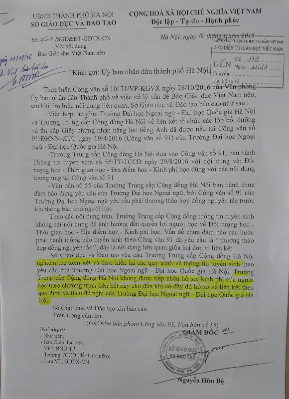 Công văn báo cáo của Sở Giáo dục và Đào tạo gửi UBND TP Hà Nội về việc xử lý thông tin Báo điện tử Giáo dục Việt Nam nêu sai phạm trong công tác tuyển sinh tại Trường Trung cấp Cộng đồng Hà Nội. Ảnh Trần Việt. Công văn báo cáo của Sở Giáo dục và Đào tạo gửi UBND TP Hà Nội về việc xử lý thông tin Báo điện tử Giáo dục Việt Nam nêu sai phạm trong công tác tuyển sinh tại Trường Trung cấp Cộng đồng Hà Nội. Ảnh Trần Việt.