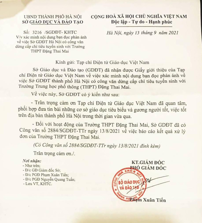 Công văn phản hồi của Sở Giáo dục Hà Nội về nội dung “xác minh nội dung bạn đọc phản ánh về việc Sở Giáo dục và Đào tạo thành phố Hà Nội có công văn dừng cấp chỉ tiêu tuyển sinh với Trường Trung học phổ thông Đặng Thai Mai” gửi cho Tạp chí điện tử Giáo dục Việt Nam. Ảnh: Trung Dũng Công văn phản hồi của Sở Giáo dục Hà Nội về nội dung “xác minh nội dung bạn đọc phản ánh về việc Sở Giáo dục và Đào tạo thành phố Hà Nội có công văn dừng cấp chỉ tiêu tuyển sinh với Trường Trung học phổ thông Đặng Thai Mai” gửi cho Tạp chí điện tử Giáo dục Việt Nam. Ảnh: Trung Dũng
